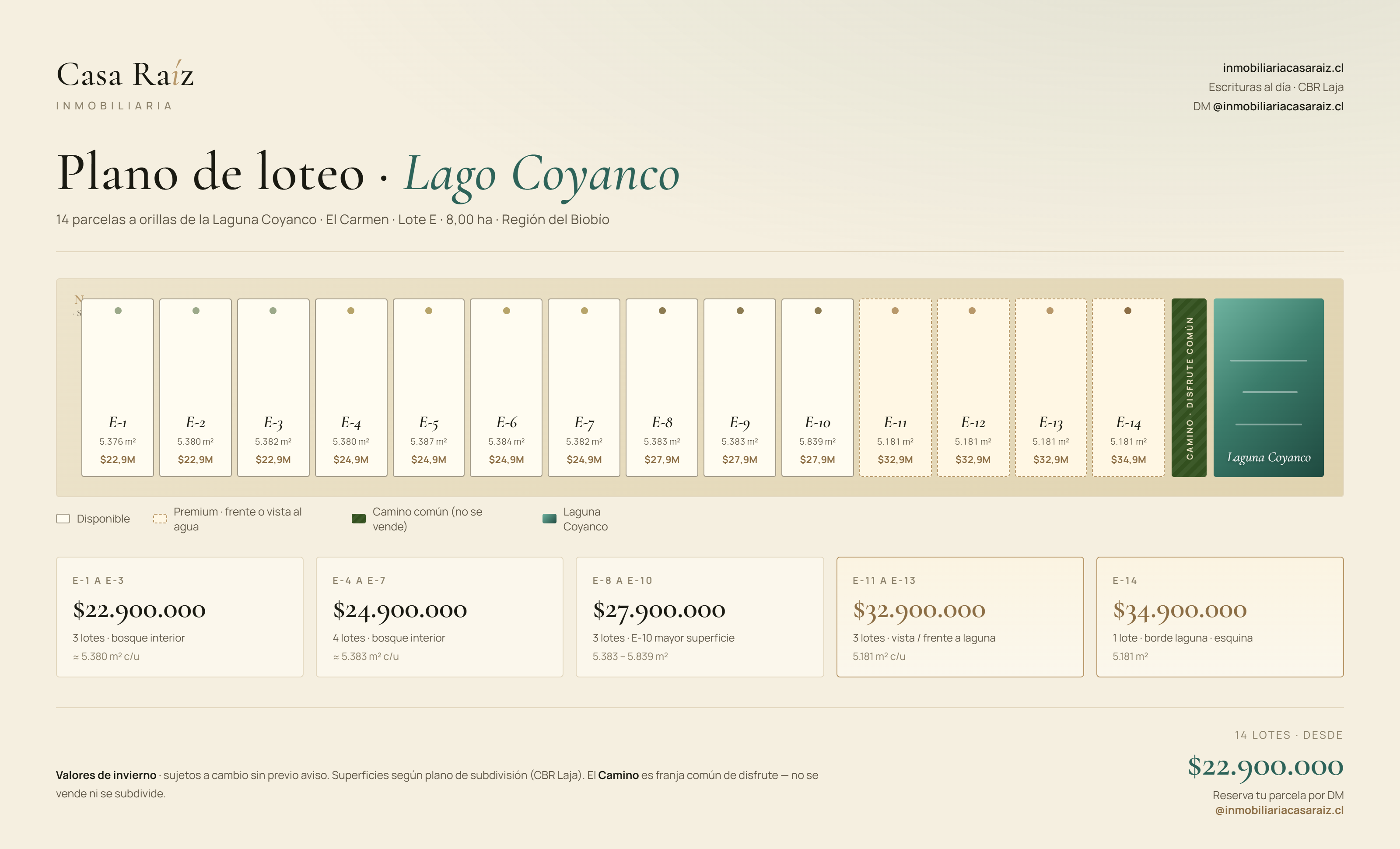 Plano de loteo Lago Coyanco con superficie y valor de cada parcela